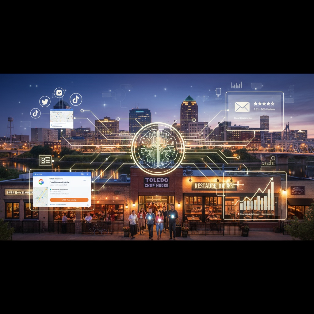 Comprehensive AI marketing ecosystem for Toledo restaurants with interconnected social media, reviews, and analytics