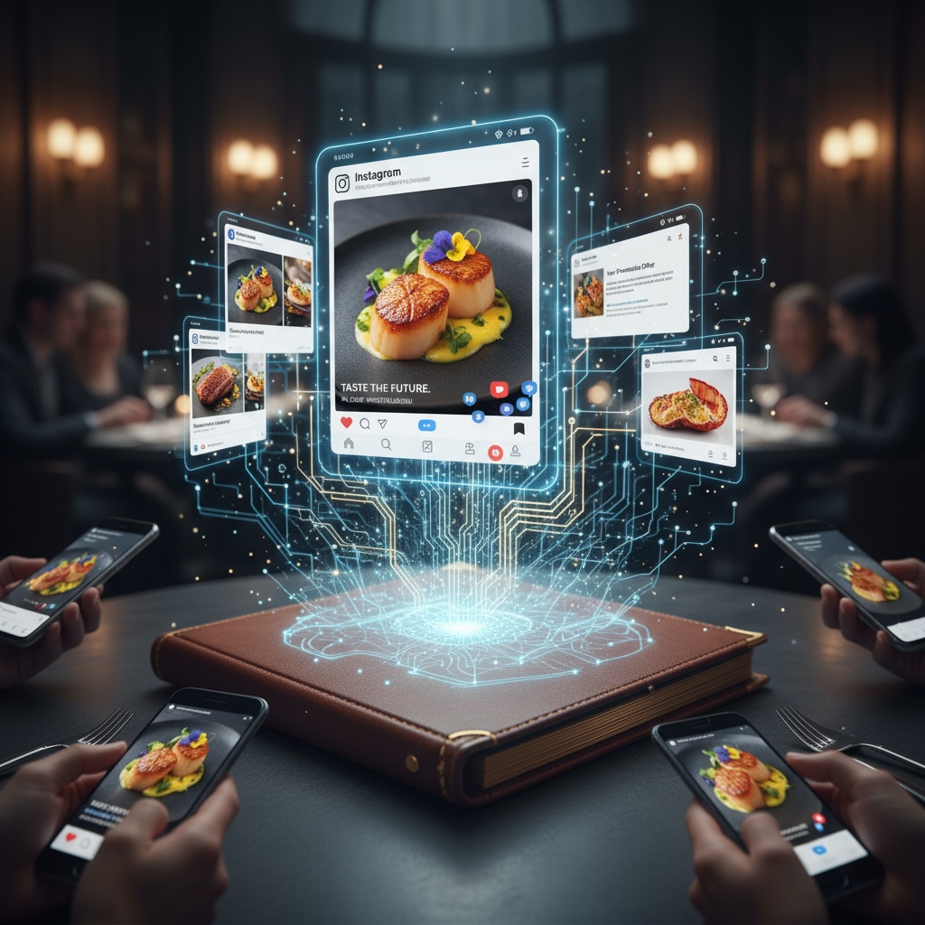 Restaurant menu transforming into AI-powered digital promotions across social media and advertising platforms