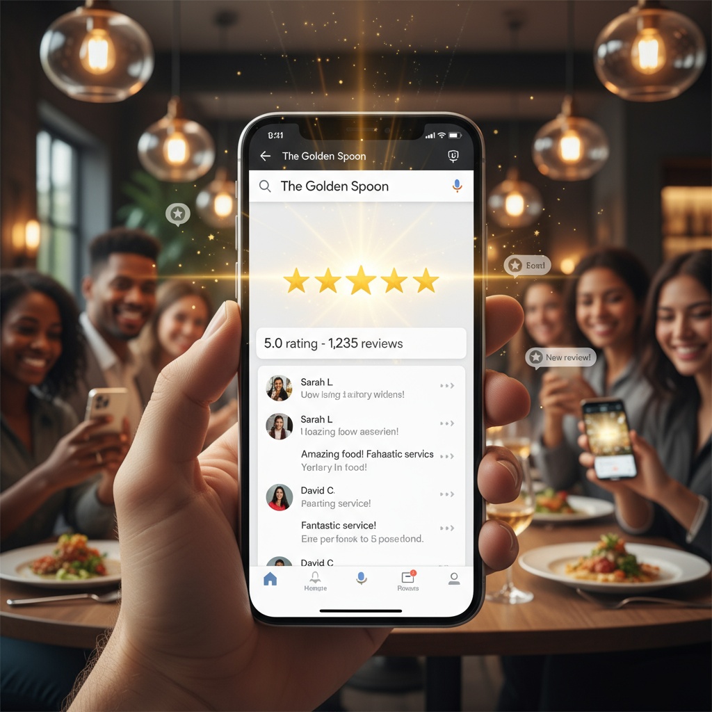 Restaurant customers leaving 5-star Google reviews on smartphones with glowing star ratings