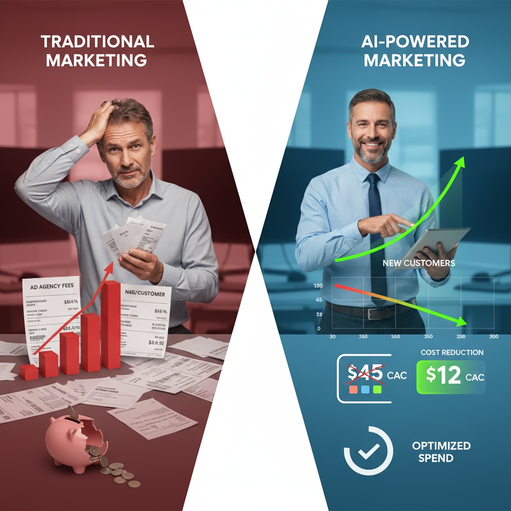 Customer acquisition cost comparison showing traditional marketing at $45 CAC versus AI marketing at $12 CAC
