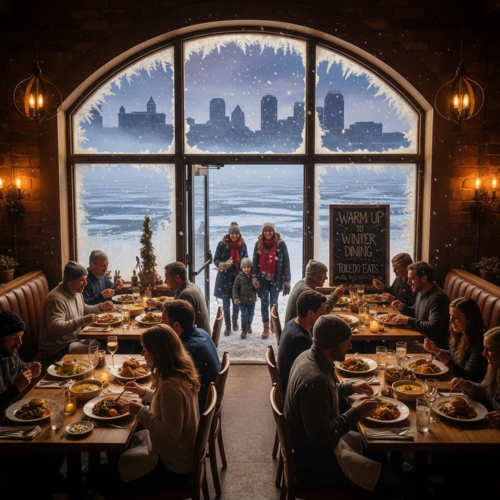 Cozy Toledo restaurant interior packed with diners during winter with snowy Lake Erie visible outside
