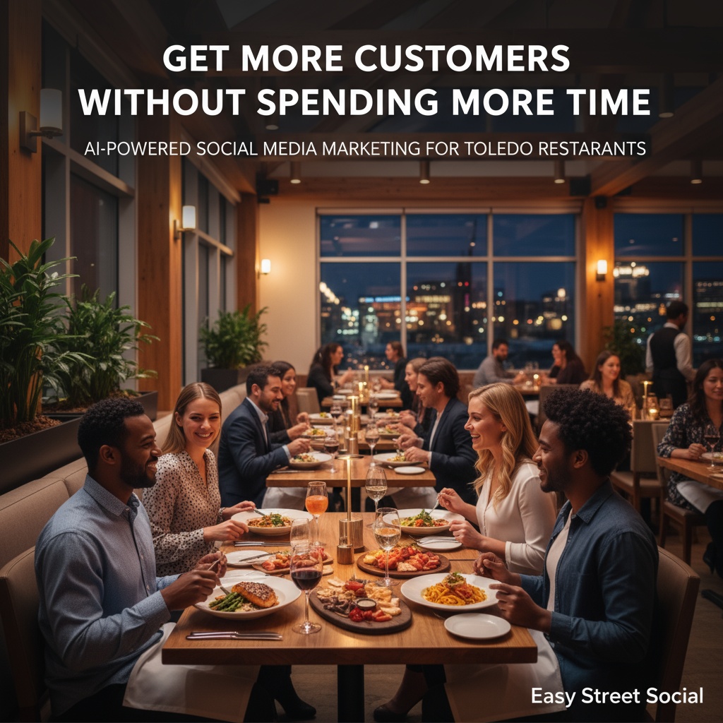 Professional restaurant interior with customers dining under warm lighting. Overlay text reads "Get More Customers Without Spending More Time - AI-Powered Social Media Marketing for Toledo Restaurants" by Easy Street Social