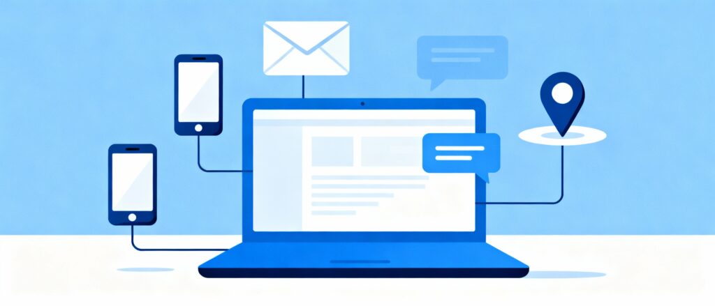 Illustration of laptop and smartphones connected with communication icons including email, chat bubbles, and location pin — representing contact and digital communication for Easy Street Social.