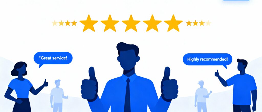 Illustration of happy customers giving thumbs up with 5-star ratings and positive review quotes, representing client testimonials for Easy Street Social’s social media marketing services.