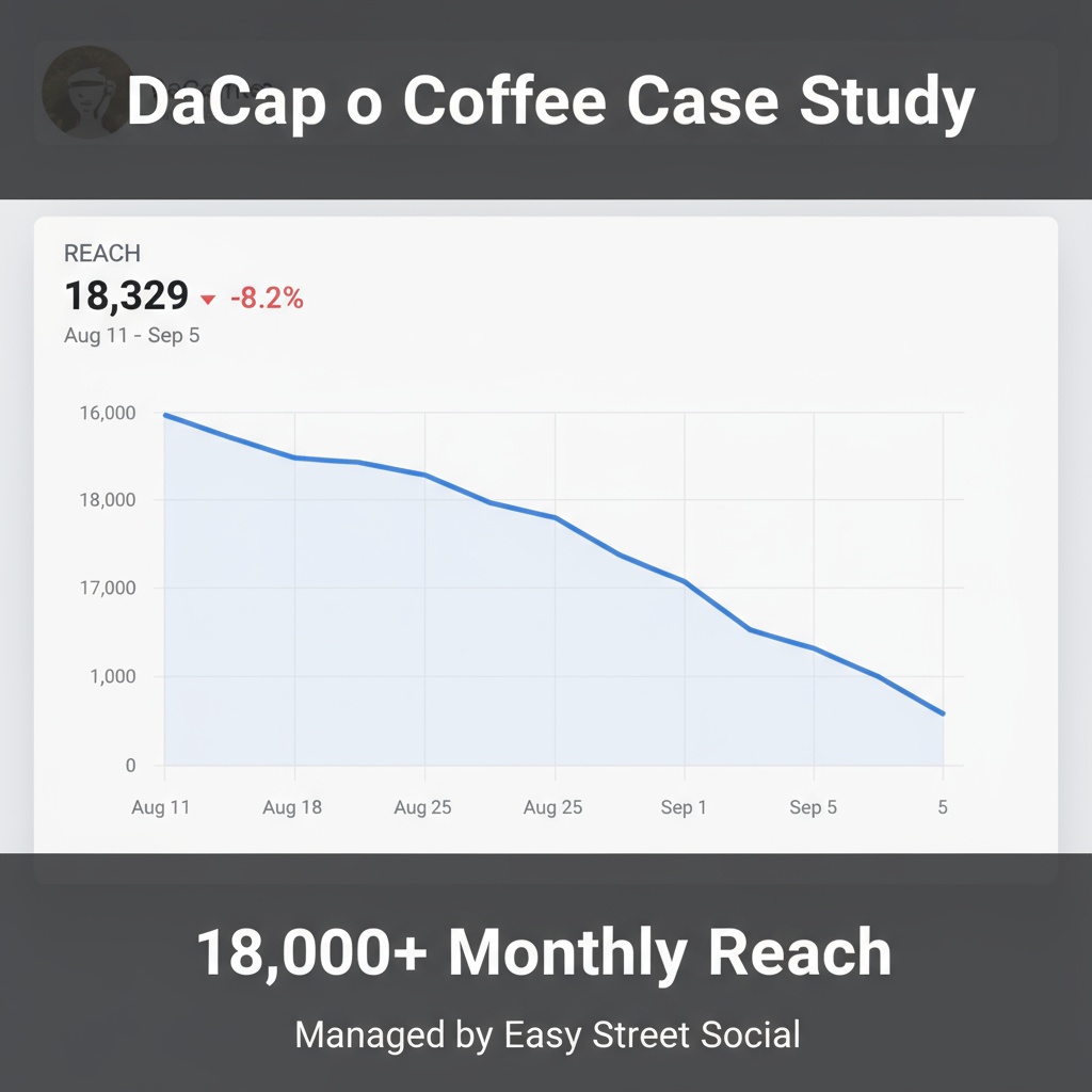 DaCapo Coffee social media case study: 18,329 monthly reach with 8.2% variance trend from August 11 to September 5, managed by Easy Street Social