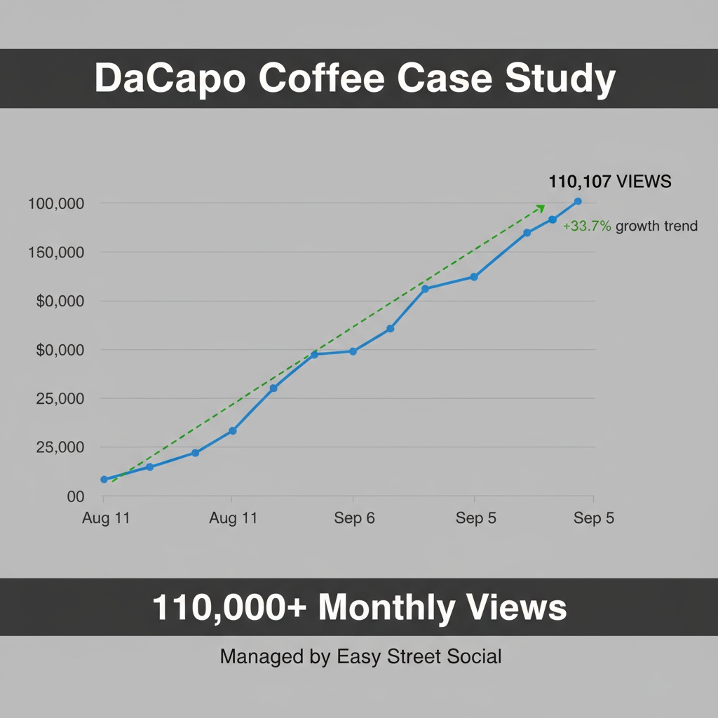 DaCapo Coffee social media case study: 110,107 monthly views with 33.7% growth trend from August 11 to September 5, managed by Easy Street Social