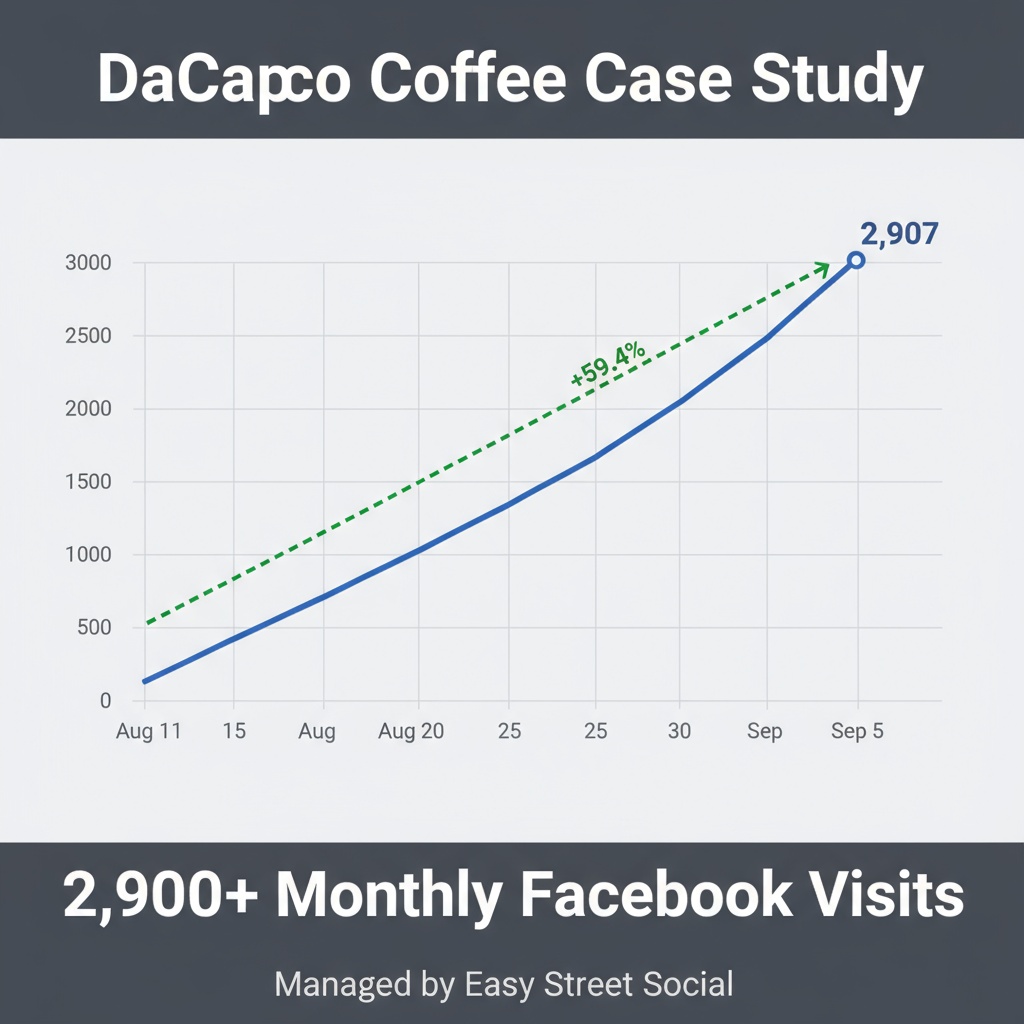 DaCapo Coffee Facebook visits case study: 2,907 monthly visits with 59.4% growth trend from August 11 to September 5, managed by Easy Street Social
