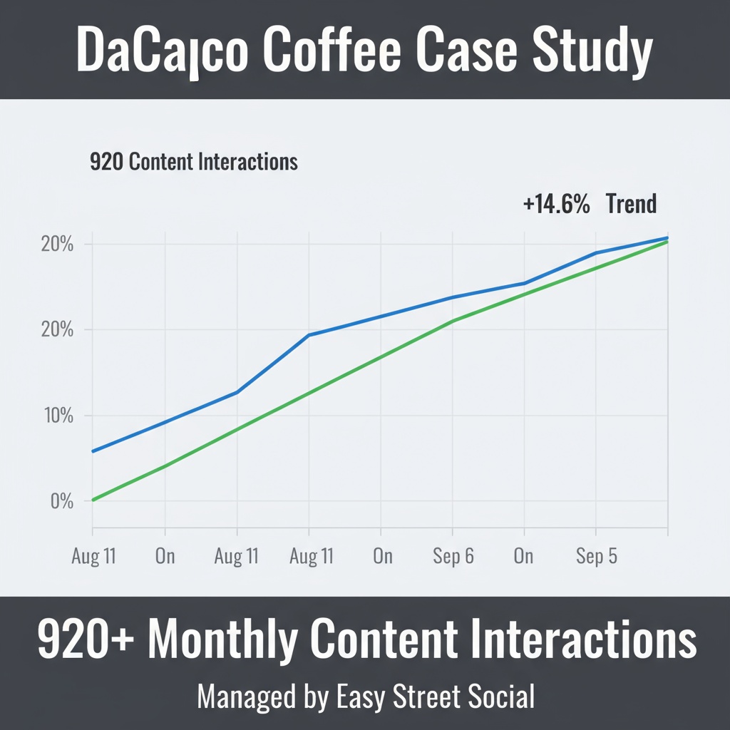 DaCapo Coffee social media case study: 920+ monthly content interactions with 14.6% growth trend from August 11 to September 5, managed by Easy Street Social
