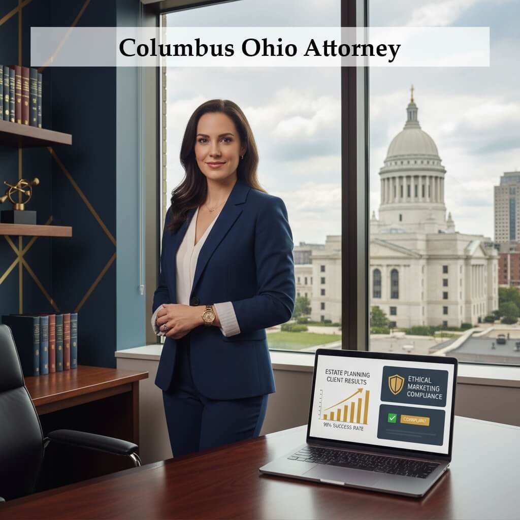 Professional attorney in Columbus Ohio office with marketing analytics showing client results and ethical compliance - Easy Street Social