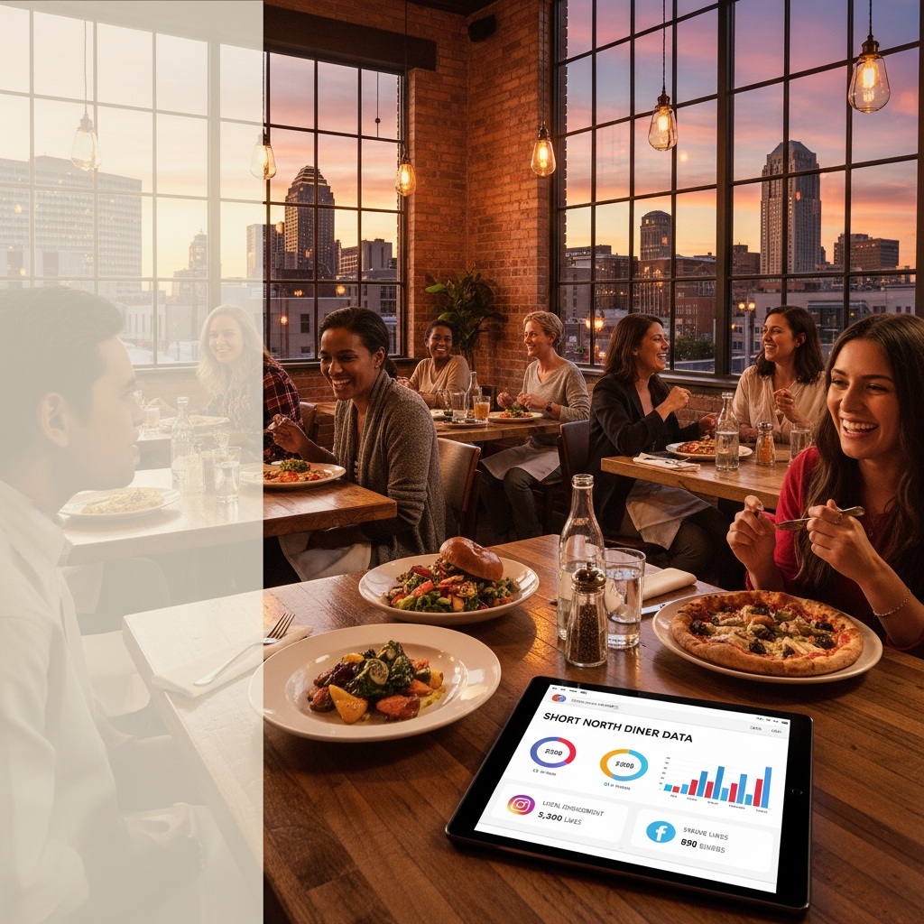 meals while tablet displays social media marketing analytics and engagement data