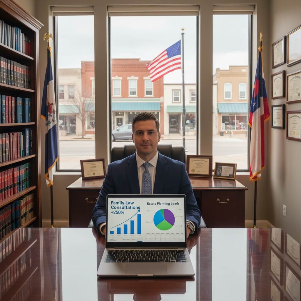 Professional attorney in Lambertville Michigan law office with marketing analytics showing family law and estate planning lead growth - Easy Street Social