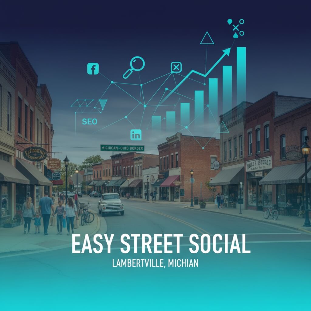 Professional marketing agency hero image showcasing Lambertville Michigan downtown with digital marketing elements including analytics graphs, social media icons, and network connections representing SEO, social media management, and web design services for restaurants, attorneys, contractors, and landscapers.