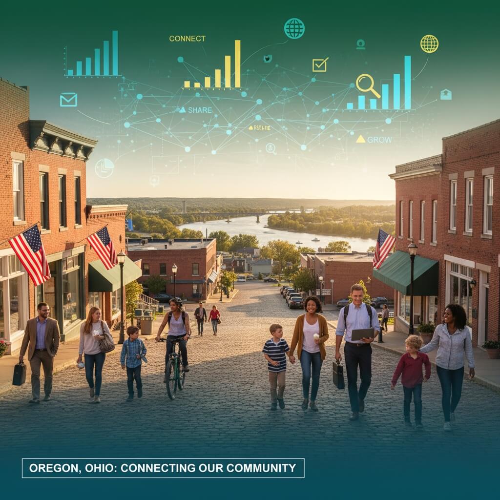 Professional marketing agency hero image showcasing Oregon Ohio downtown with Bay Shore waterfront, digital marketing elements including analytics graphs, social media icons, and network connections representing SEO, social media management, and web design services for restaurants, attorneys, contractors, and landscapers.