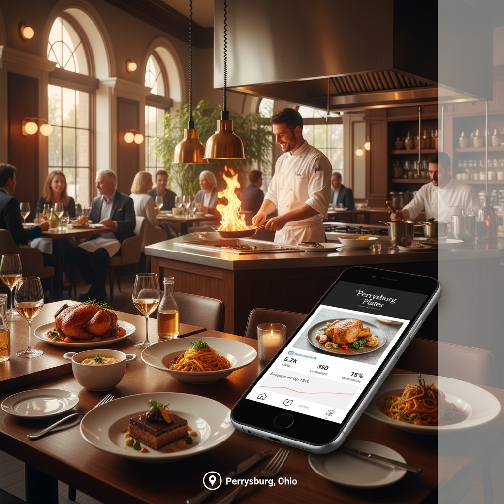 Perrysburg Ohio restaurant with customers dining and chef preparing food while reviewing social media marketing analytics on smartphone
