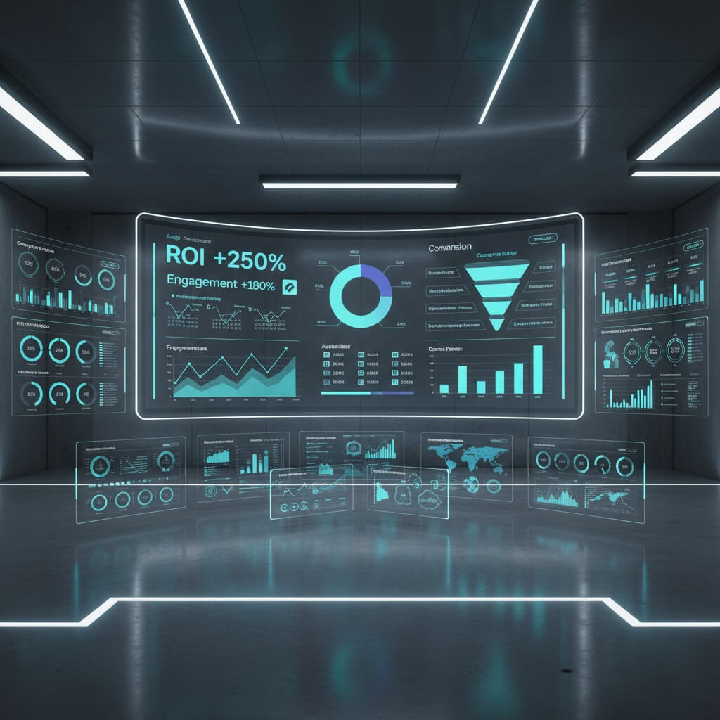 Comprehensive social media analytics dashboard showing ROI tracking, engagement metrics, conversion data, and performance reporting - Easy Street Social
