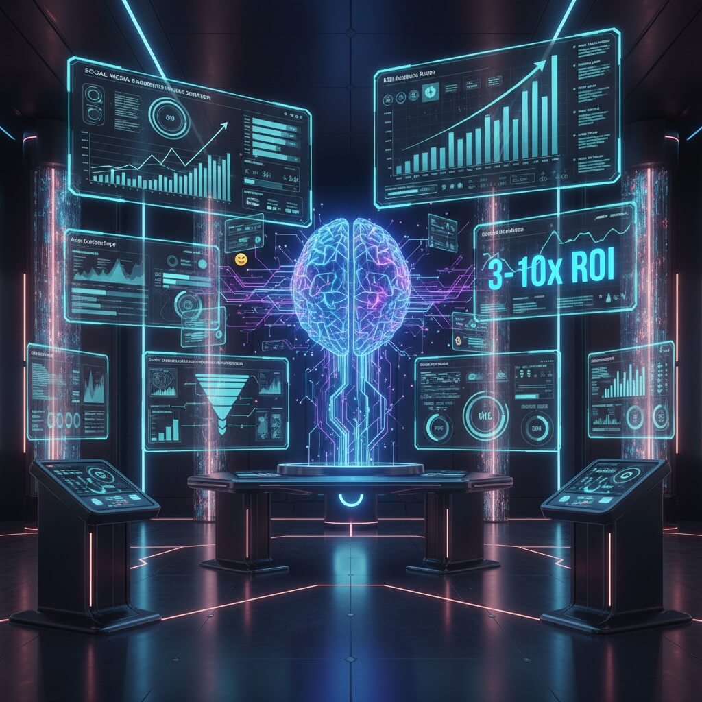 AI-powered marketing automation dashboard showing real-time analytics, ROI metrics, and automated campaign management - Easy Street Social