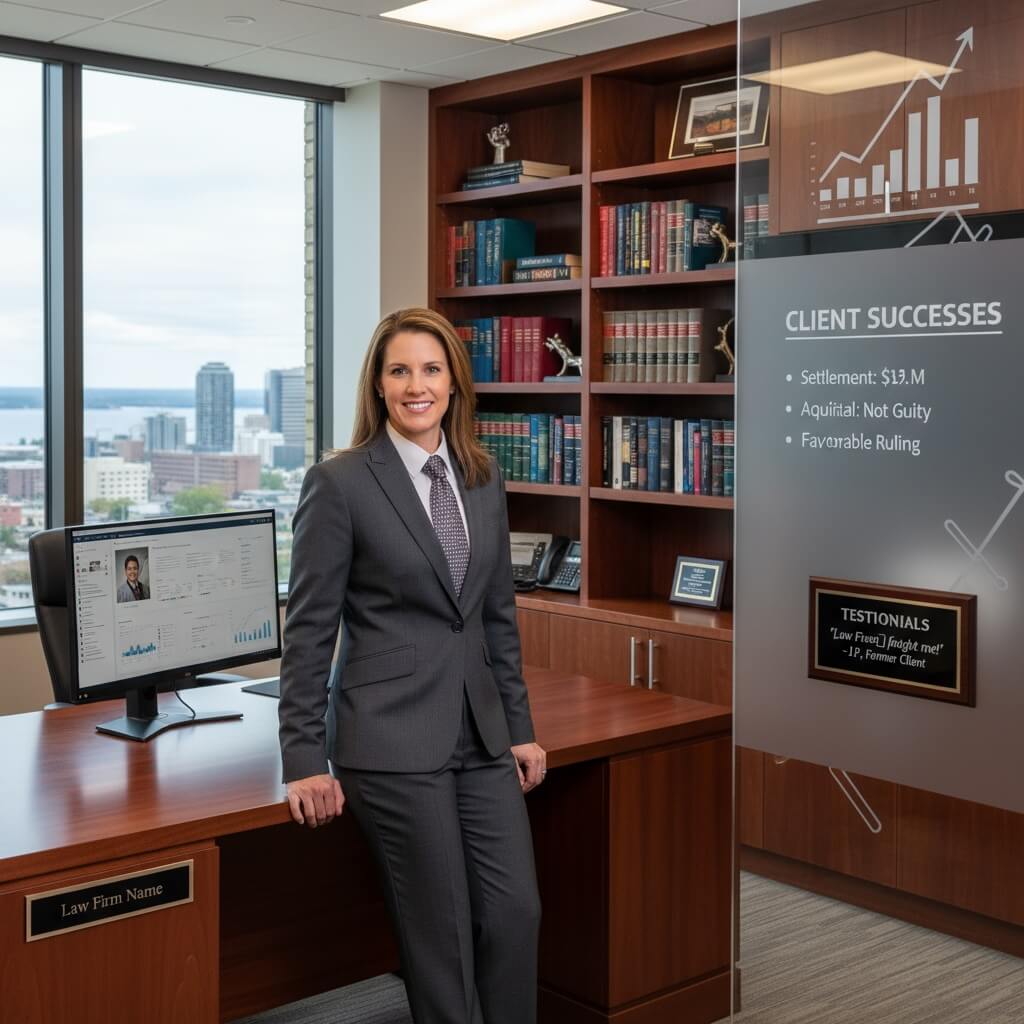 Professional attorney in modern law office with computer displaying attorney marketing dashboard, case management software, and client lead generation results for Oregon Ohio law firms