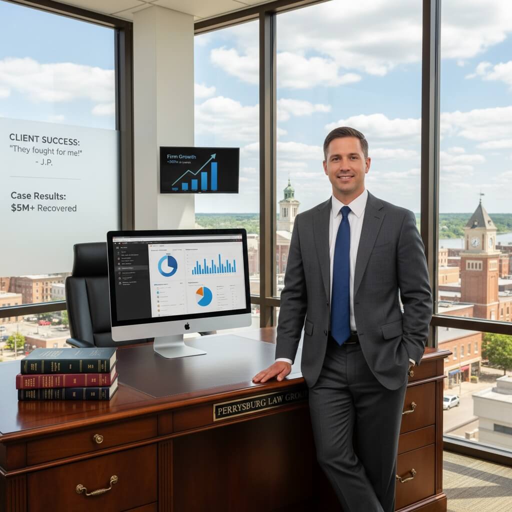Professional attorney in modern law office with legal books, case management software, and marketing analytics dashboard displaying Perrysburg Ohio law firm lead generation results