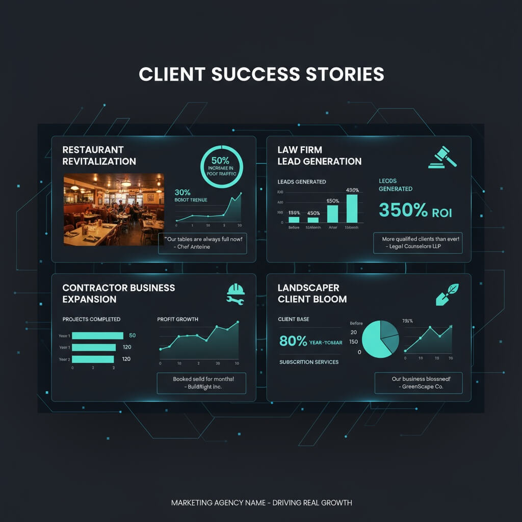 Case studies showcase with client success stories, ROI metrics, and marketing results dashboard