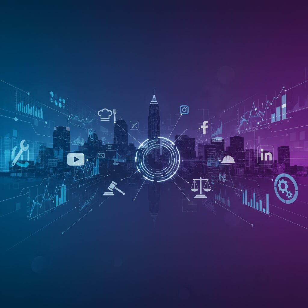 Cleveland Ohio marketing agency with AI-powered strategies - downtown skyline with digital marketing analytics