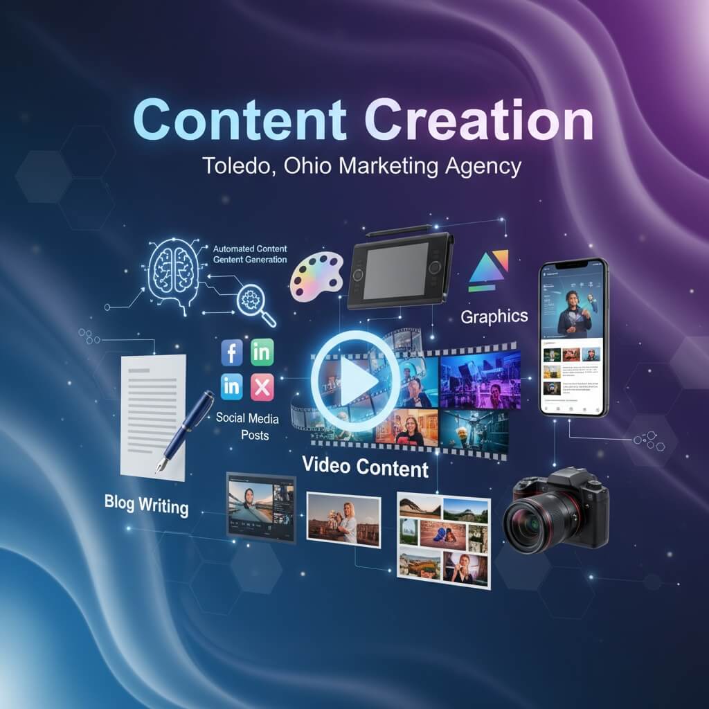Professional content creation services showing blog writing social media posts video content and graphics for Toledo Ohio businesses