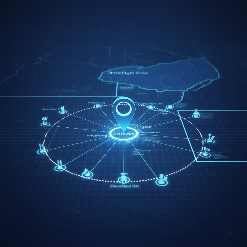 Service area map showing Easy Street Social's coverage areas including Toledo, Perrysburg, Oregon, Maumee, Sylvania, Lambertville, Temperance, Monroe, Columbus, Detroit, and Cleveland with highlighted regions in Northwest Ohio and Southeast Michigan