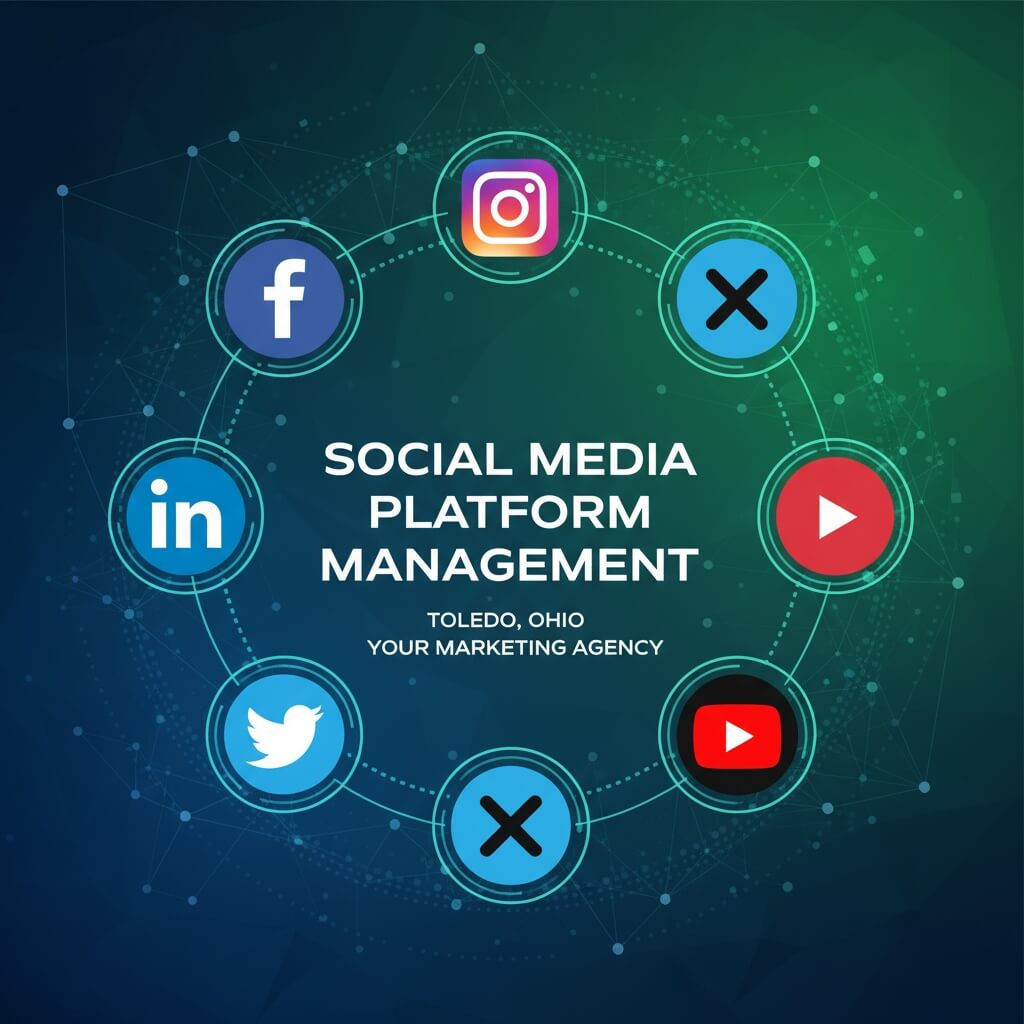 Social media platform management services showing Facebook Instagram LinkedIn Twitter YouTube management for Toledo Ohio businesses