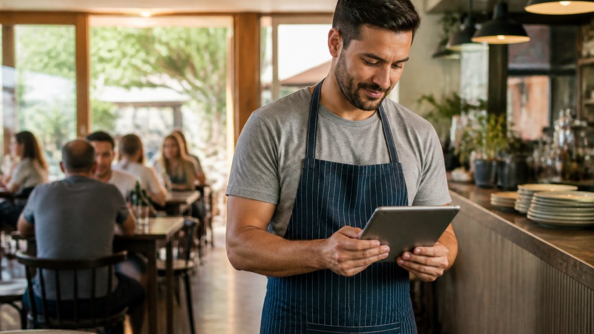 Small restaurant owner reviewing analytics on a tablet while finding the best soci alternatives for small restaurants