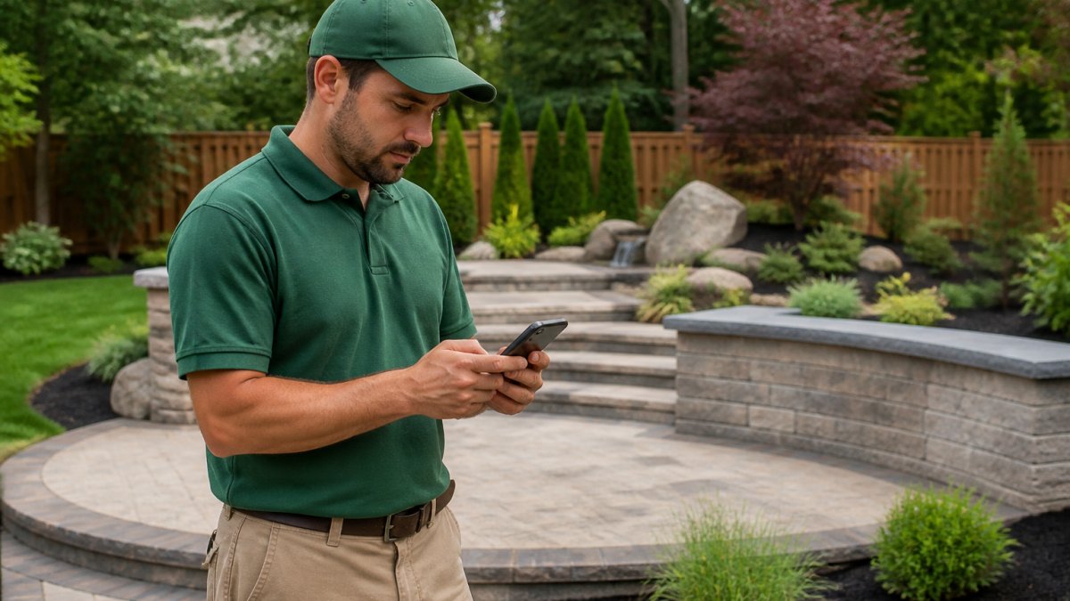 Landscaper reviewing their Google Business Profile on a smartphone while standing at a completed outdoor project with hardscaping and plantings visible in the background