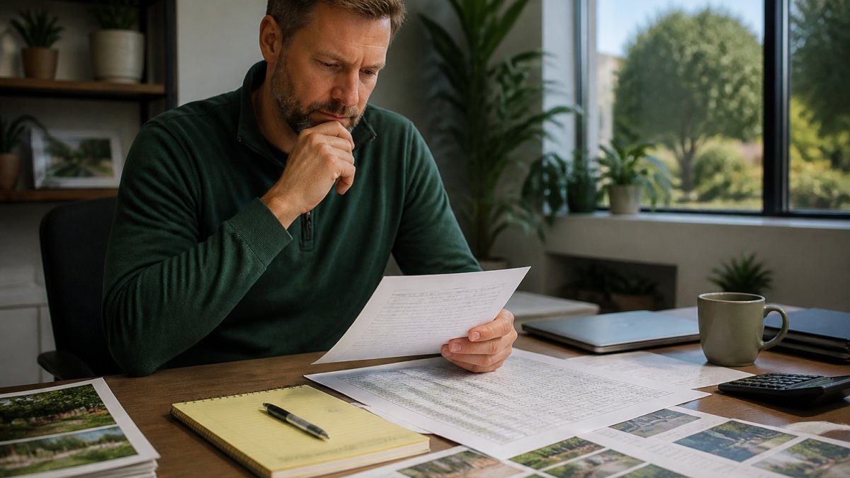 Landscaping business owner reviewing budget spreadsheets for seasonal ad campaigns landscaping on a laptop